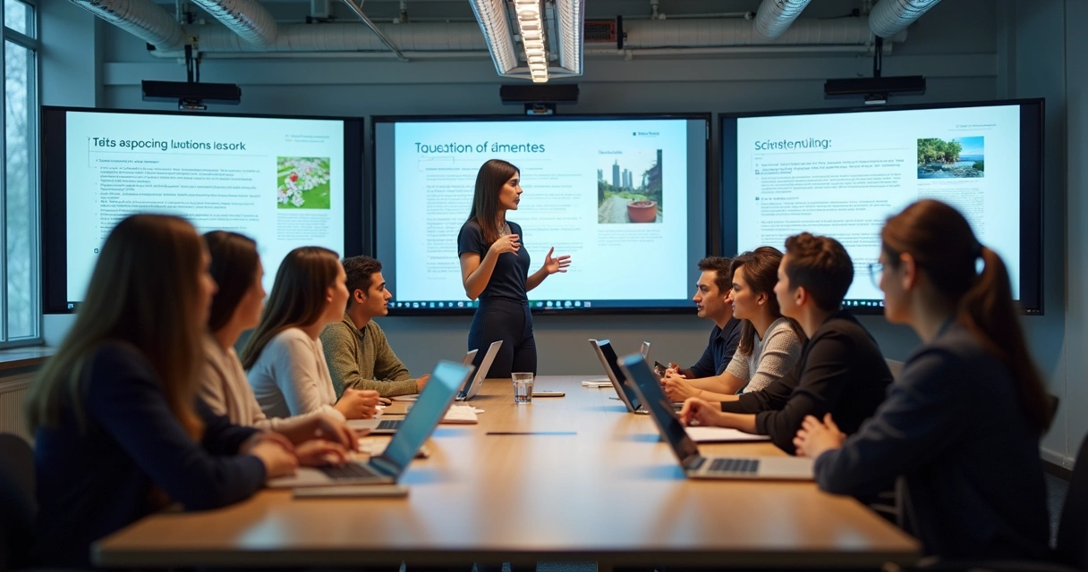 Alunos participando de aula híbrida com telas e mesa presencial 