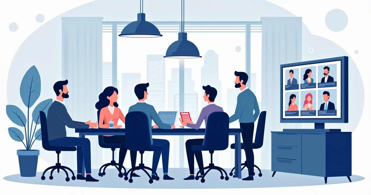 Equipe reunida em ambiente híbrido, parte presencial e parte conectada online