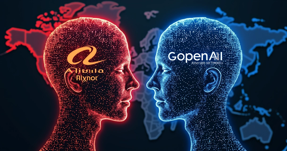 Ilustração de tecnologia de IA chinesa e ocidental lado a lado