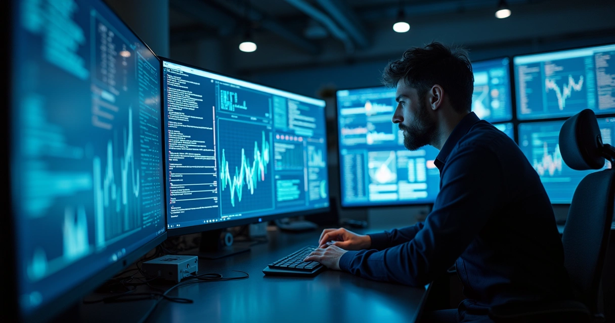 Ilustração de IA analisando textos, gráficos e símbolos digitais em tons azuis 