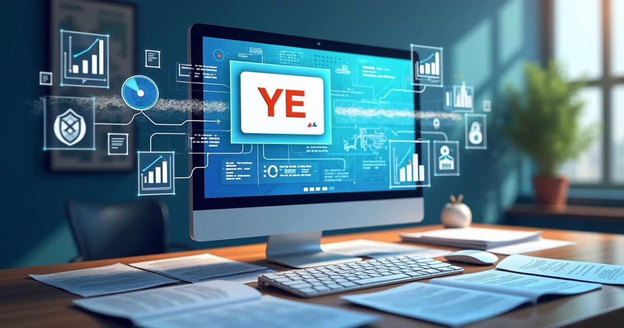 Ilustração de modelo de IA processando dados em ambiente de escritório 