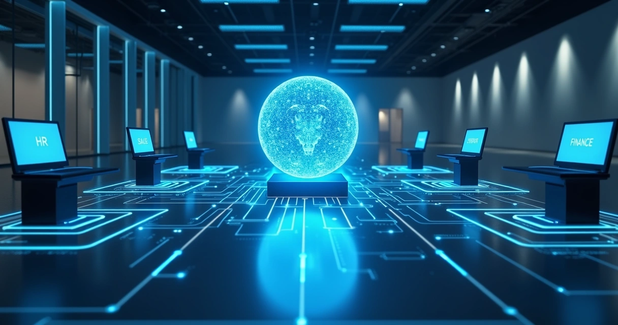 Gráfico do modelo de IA da empresa no centro, conectado a departamentos 