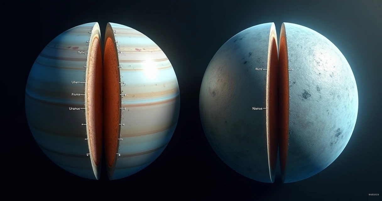 Corte ilustrado mostrando o interior de Urano e Netuno com camadas de rocha, água e atmosfera 