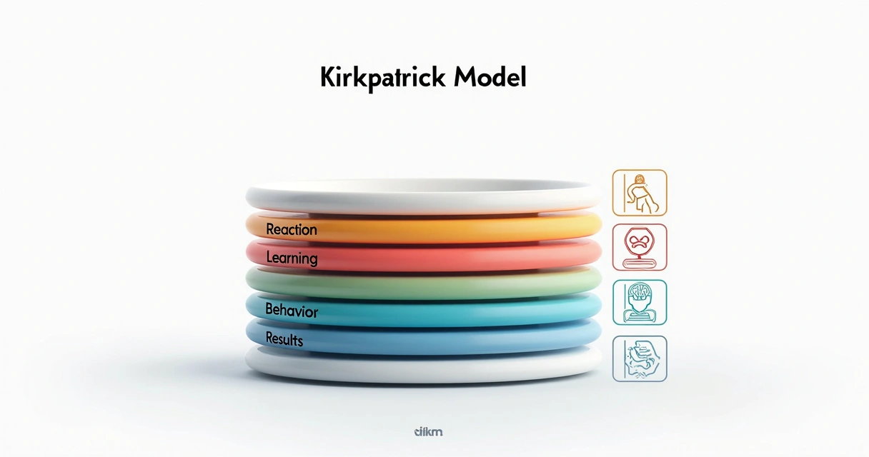 Ilustração dos quatro níveis do modelo Kirkpatrick em camadas coloridas 