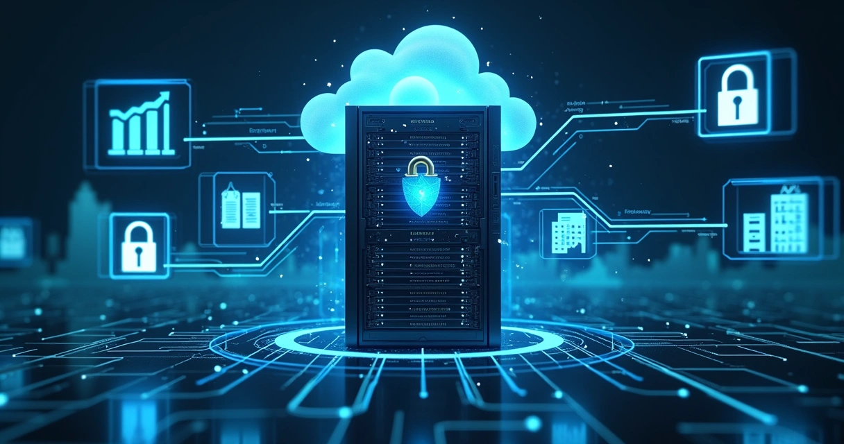 Ilustração detalhada de servidor corporativo com camadas de segurança e representação de fluxo de dados controlados 