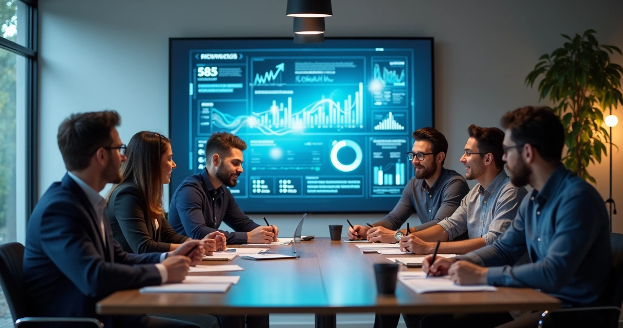 Equipe reunida em sala de reunião, analisando gráficos digitais apresentados em um monitor na mesa