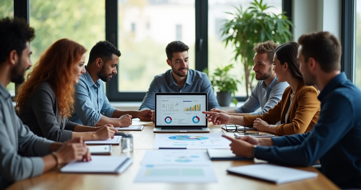 Mesa de reunião com profissionais discutindo modelos de negócios para agência digital, laptop, gráficos e planejamento estratégico ao centro 