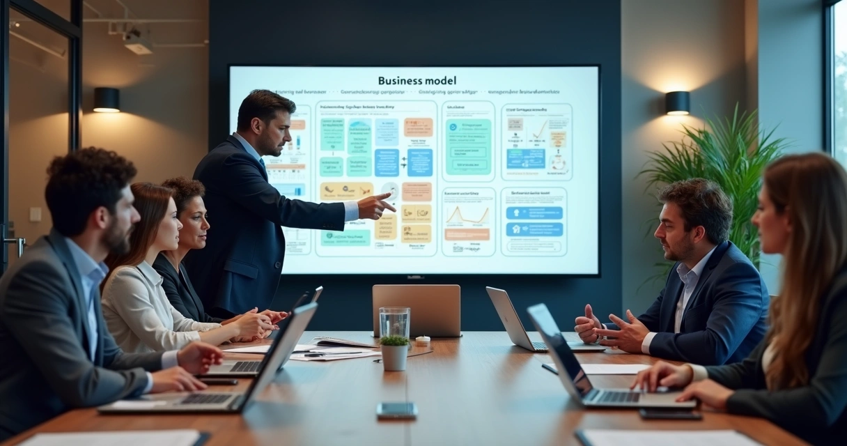 Donos de agência digital analisando modelo de negócios em painel com gráficos e fluxos de receita 