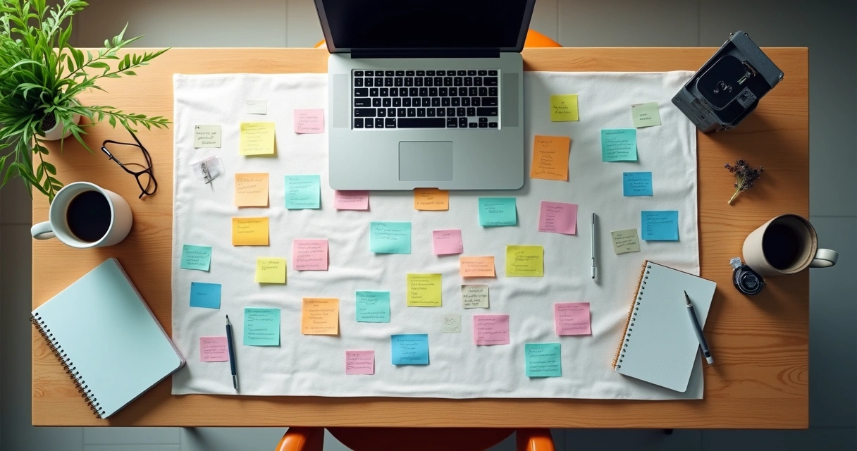 Visão de um quadro de modelo de negócios Canvas com post-its coloridos representando diferentes blocos 