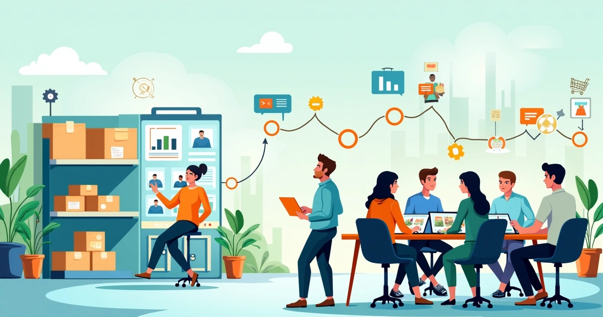 Grupo de empreendedores discutindo o modelo de negócios de dropshipping com laptops e produtos ao redor.