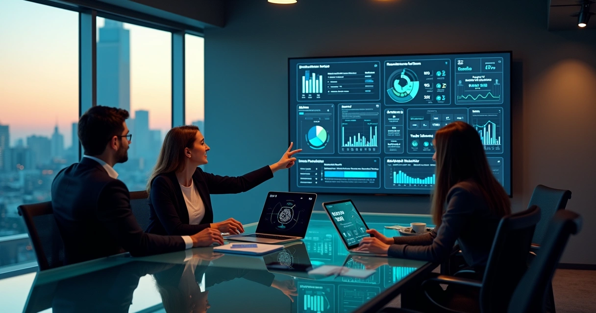 Executivos analisando plataforma de pagamentos digital em painel com gráficos financeiros 