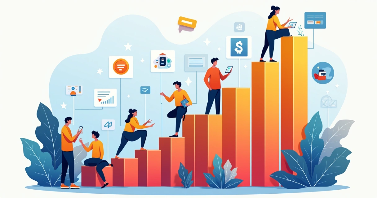 Gráfico mostrando crescimento de fintechs no Brasil, com vários tipos de ícones financeiros e tecnologia 