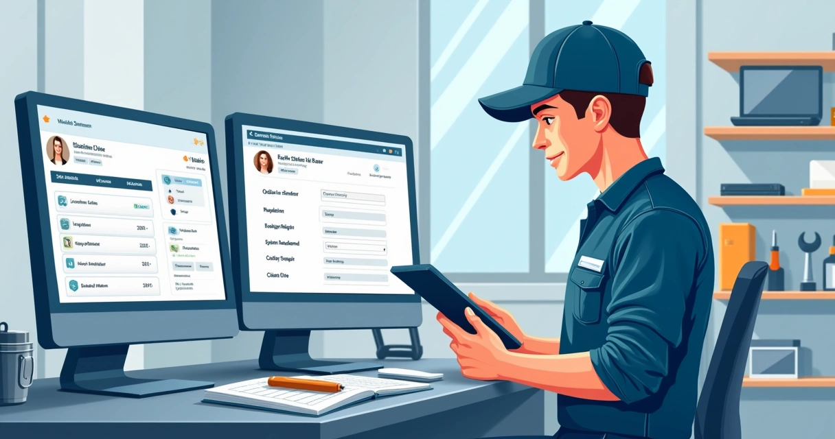 Homem preenchendo ordem de serviço digital em tablet