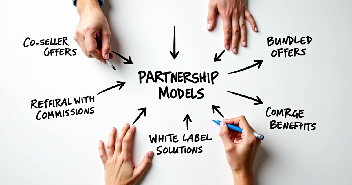 Quadro branco com desenhos esquemáticos de diferentes modelos de parceria comercial e setas indicando fluxo de receita. 