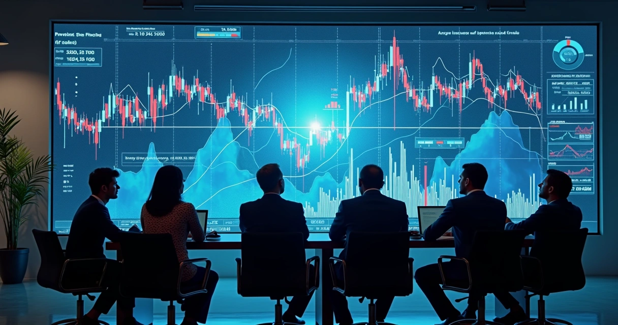 Equipe em sala analisando previsões e gráficos na parede digital 