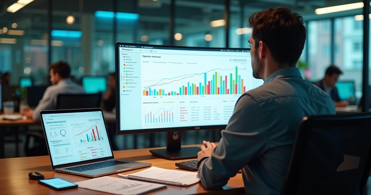 Gestor analisa gráficos de faturamento projetado em dashboard financeiro 