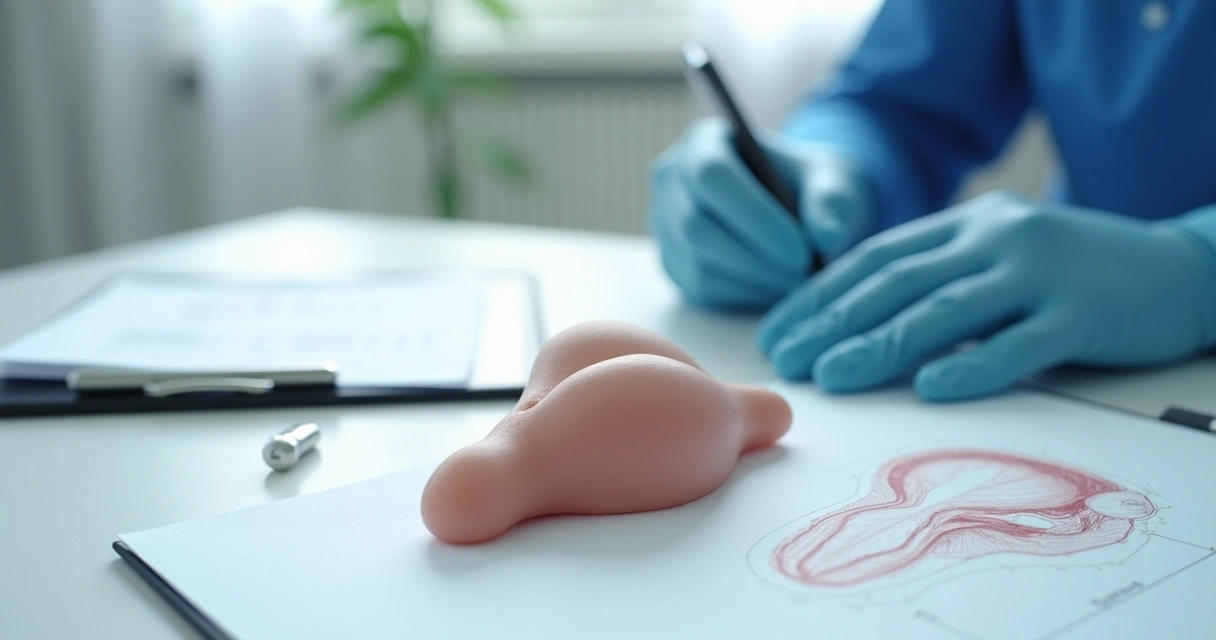 Modelo médico de prótese peniana sobre mesa de consultório 
