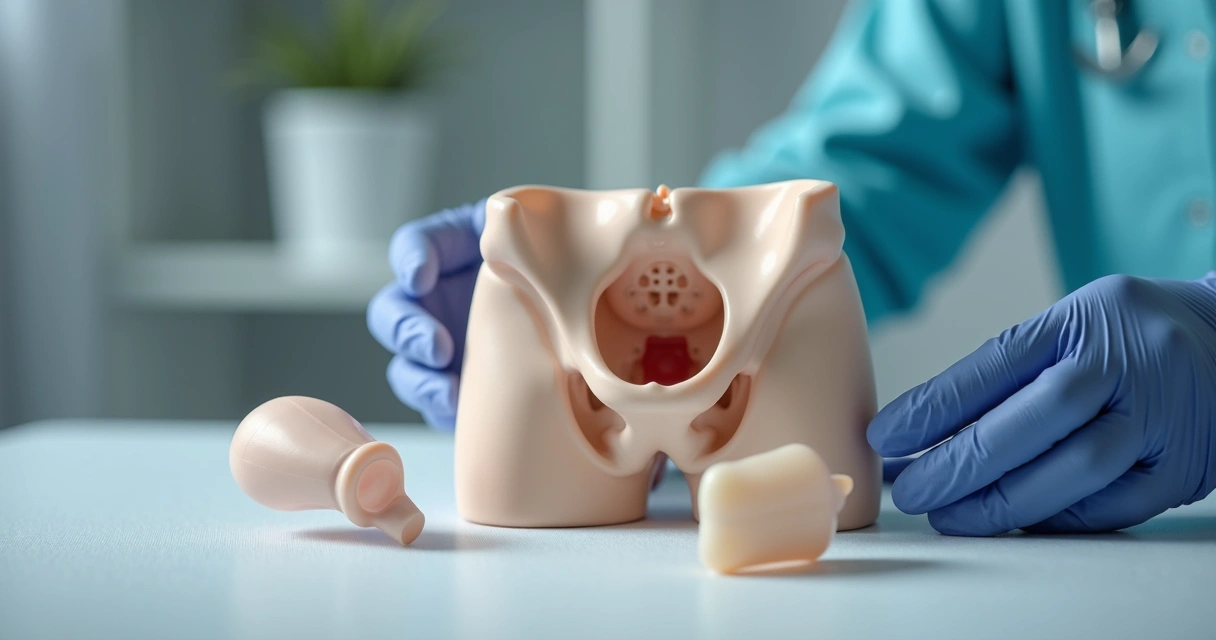 Modelo anatômico mostrando tipos de prótese peniana 