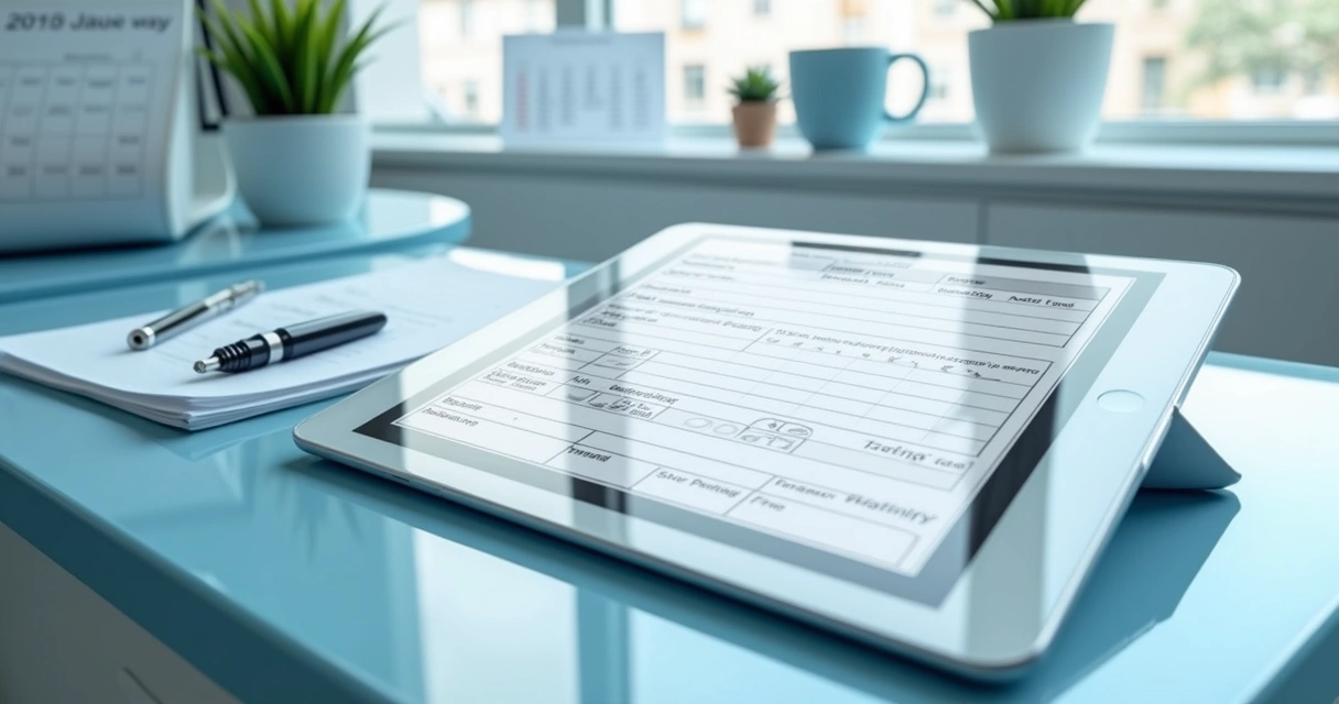 Modelo de relatório odontológico preenchido em tablet moderno