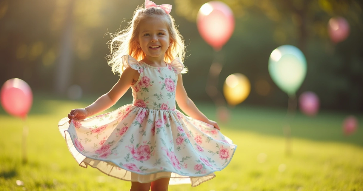 Menina com vestido rodado floral e sorriso natural