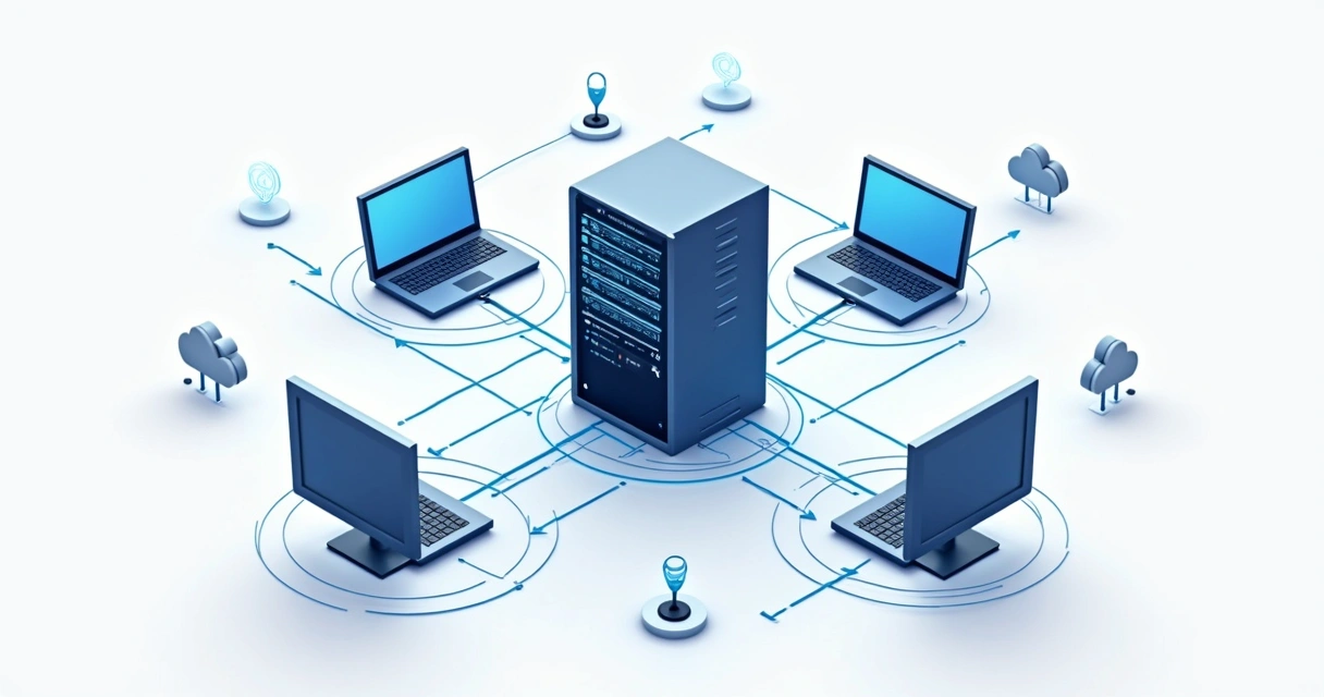 Servidor de hospedagem de site em destaque, conectado a outros computadores e à internet. 