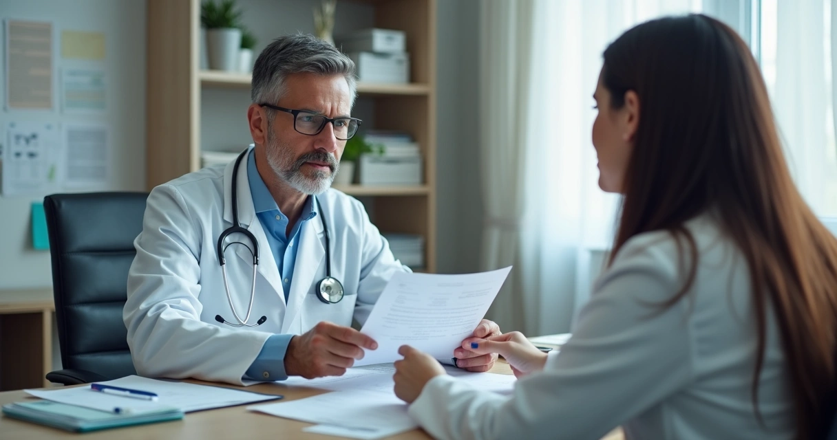 Médico sentado à mesa explicando documento a paciente em clínica moderna 