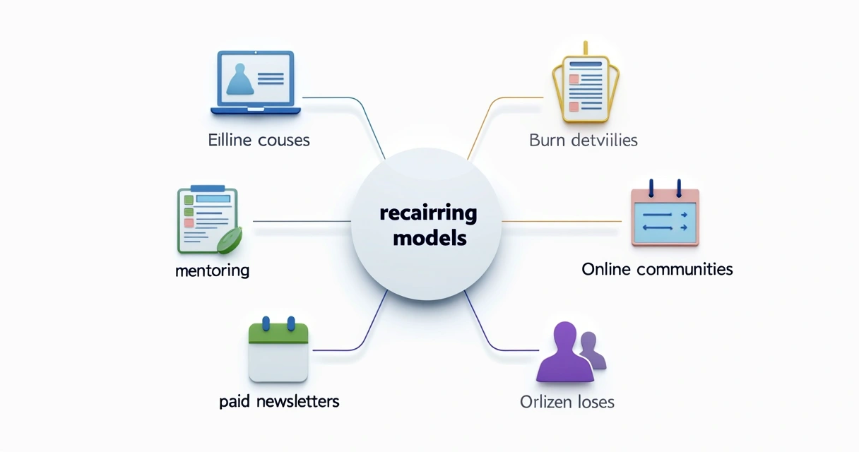 Gráfico ilustrativo mostra diferentes modelos de assinatura de infoprodutos conectados por linhas, com ícones como cursos, mentorias, newsletters e comunidade 
