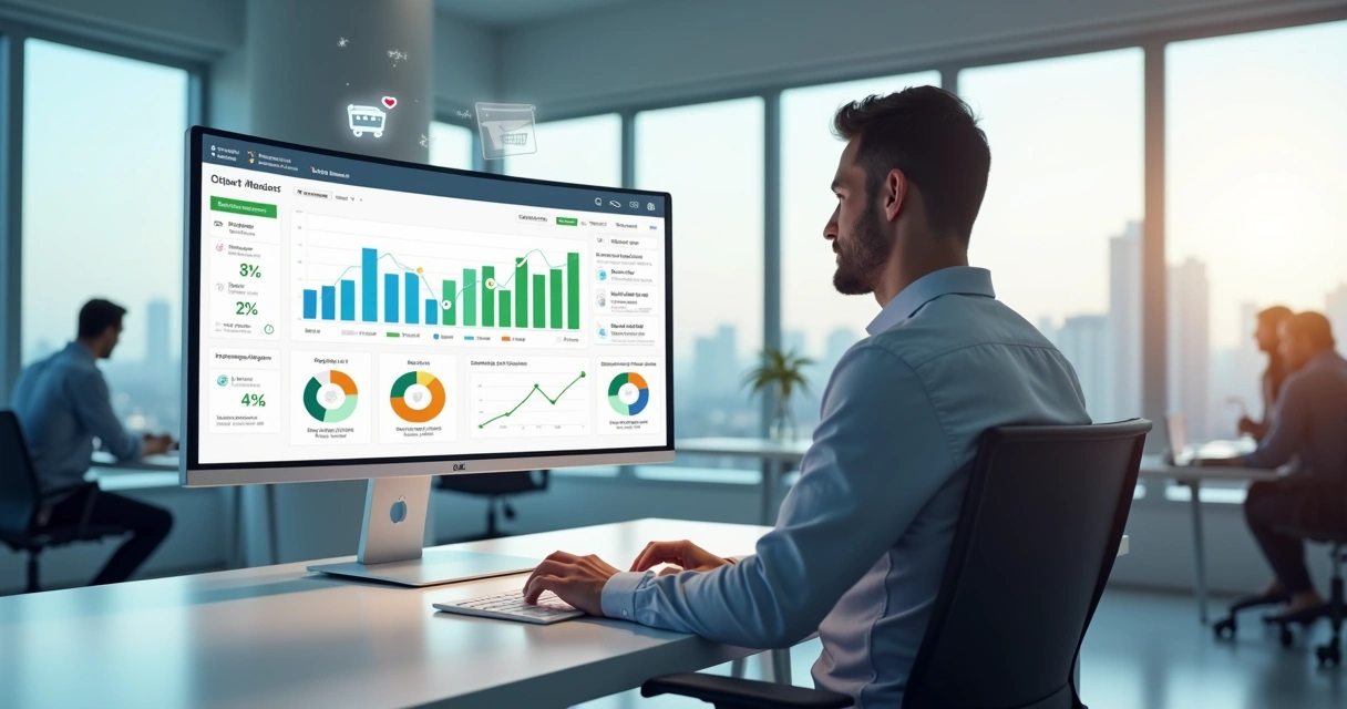 Gestor analisando painel digital com gráficos de assinaturas recorrentes em loja virtual 