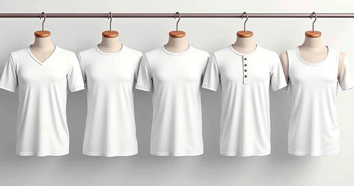 Vários modelos de camiseta branca masculina em manequins e cabides