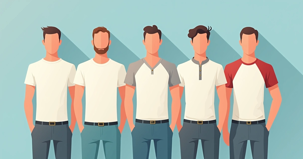 Vários modelos de camisetas masculinas de algodão egípcio em tons neutros expostos lado a lado, mostrando diferentes cortes e golas.