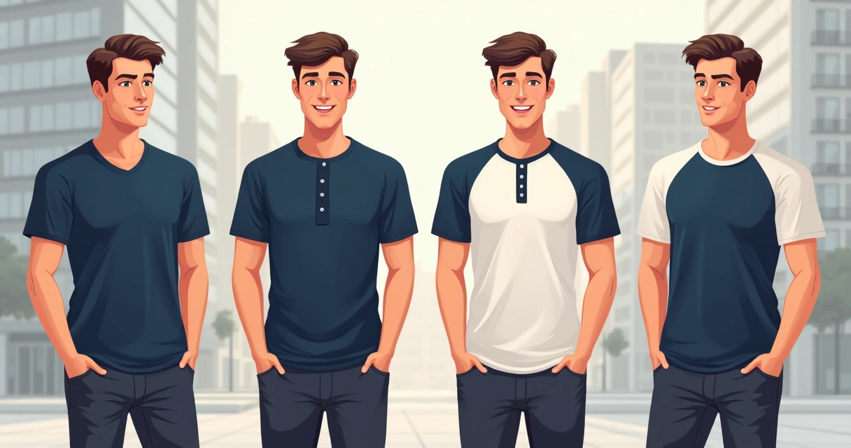 Homem usando diferentes camisetas masculinas azul marinho, incluindo gola v, henley, raglan e duas cores, em ambiente urbano.