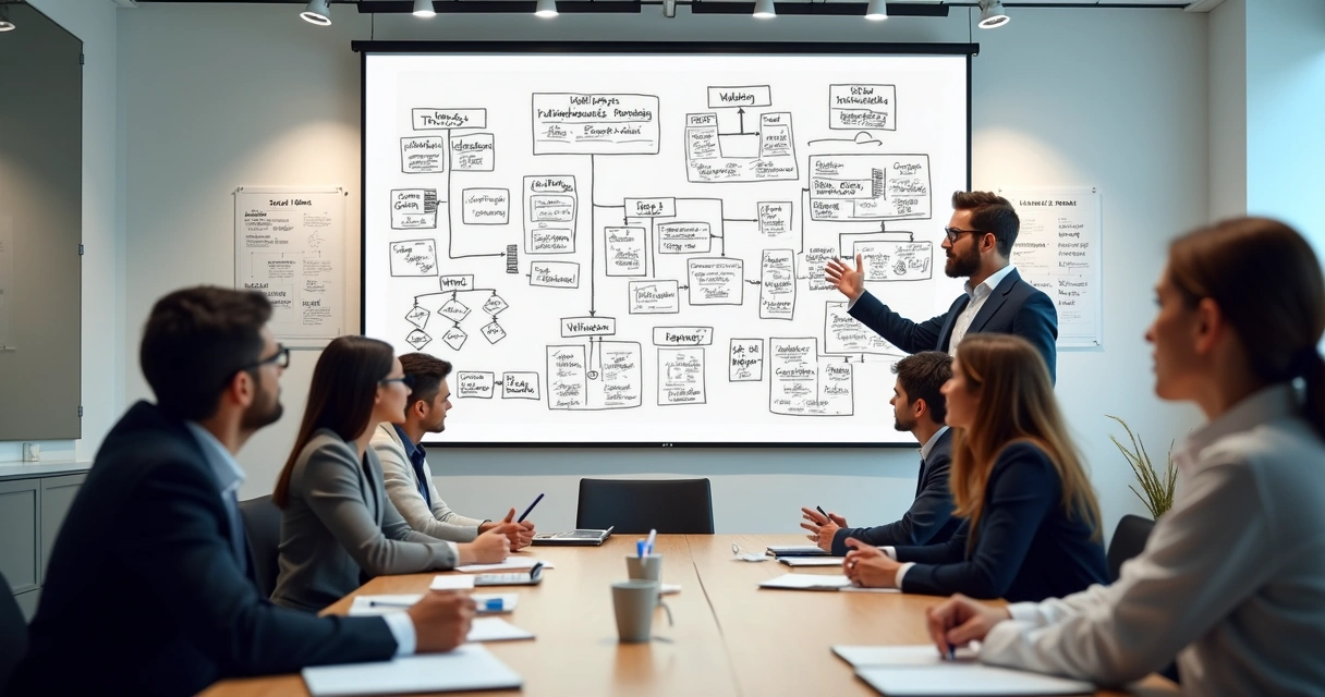 Quadro branco com esquemas e diagramas de métodos de gestão
