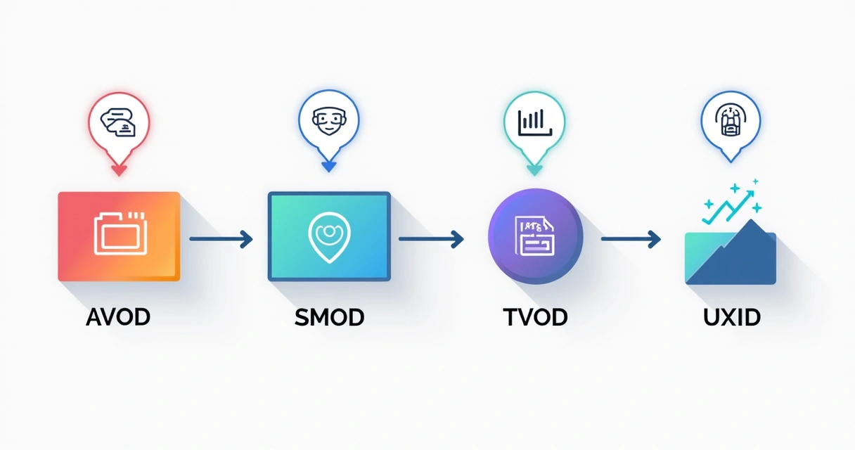 Fluxo mostrando combinação de modelos AVOD, SVOD e TVOD em streaming 