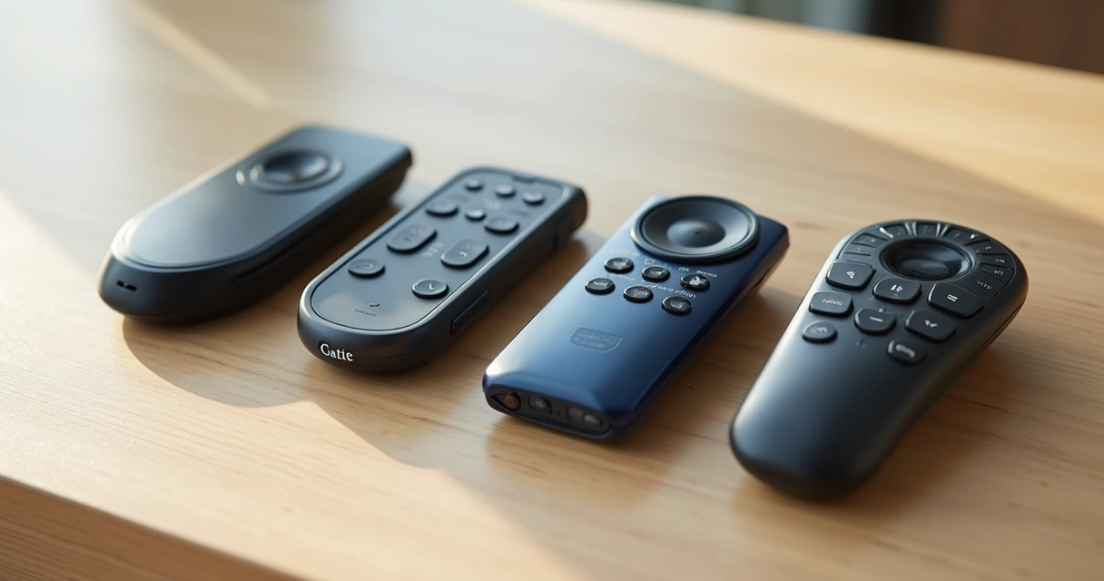 Tipos de controles de portão PPA sobre mesa de madeira