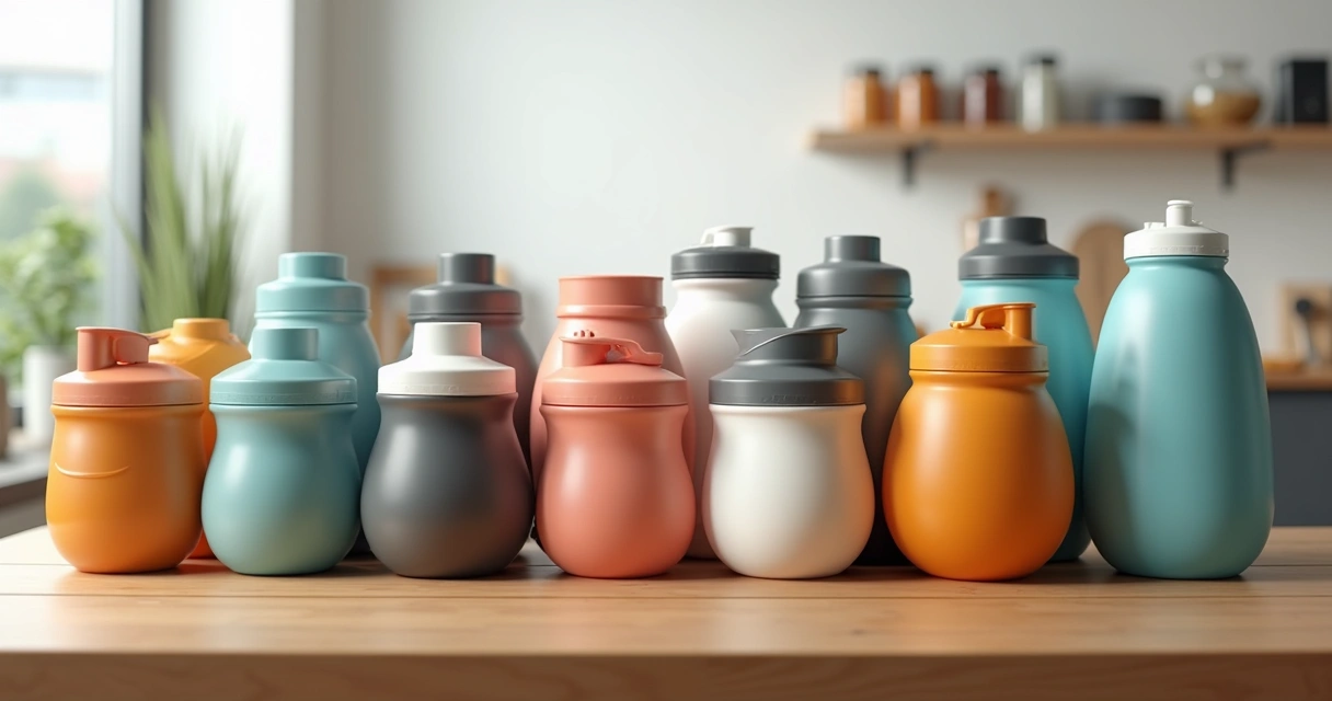 Diversas coqueteleiras personalizadas alinhadas sobre uma mesa 