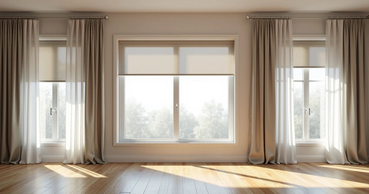 Vários tipos de cortinas instalados em janelas de uma sala moderna