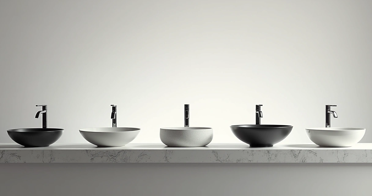 Cinco tipos de cuba para banheiro expostas lado a lado 