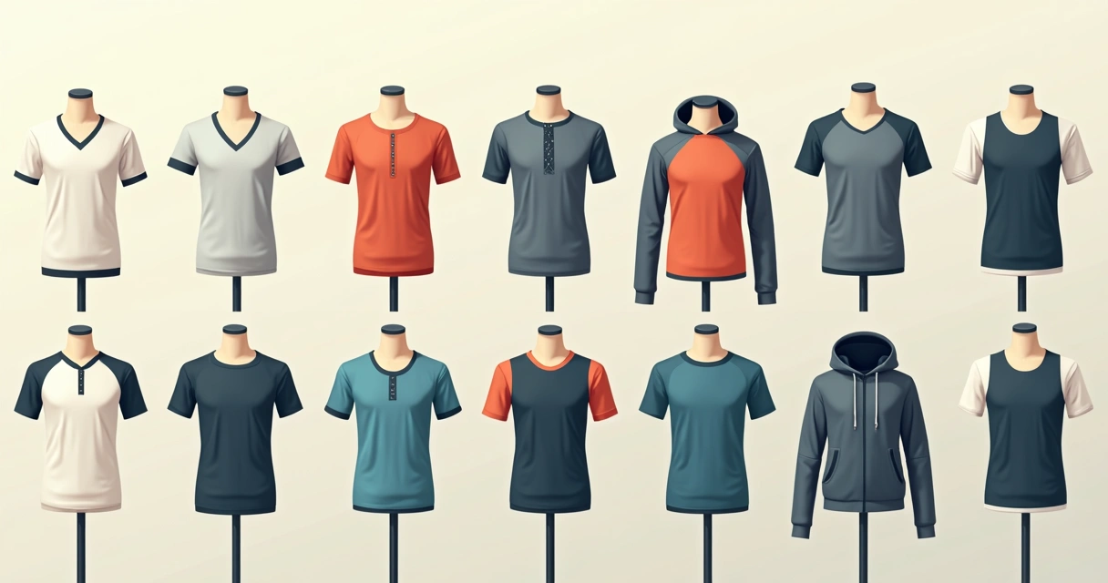 Ilustração de dez tipos de camisas masculinas em manequins em fundo claro