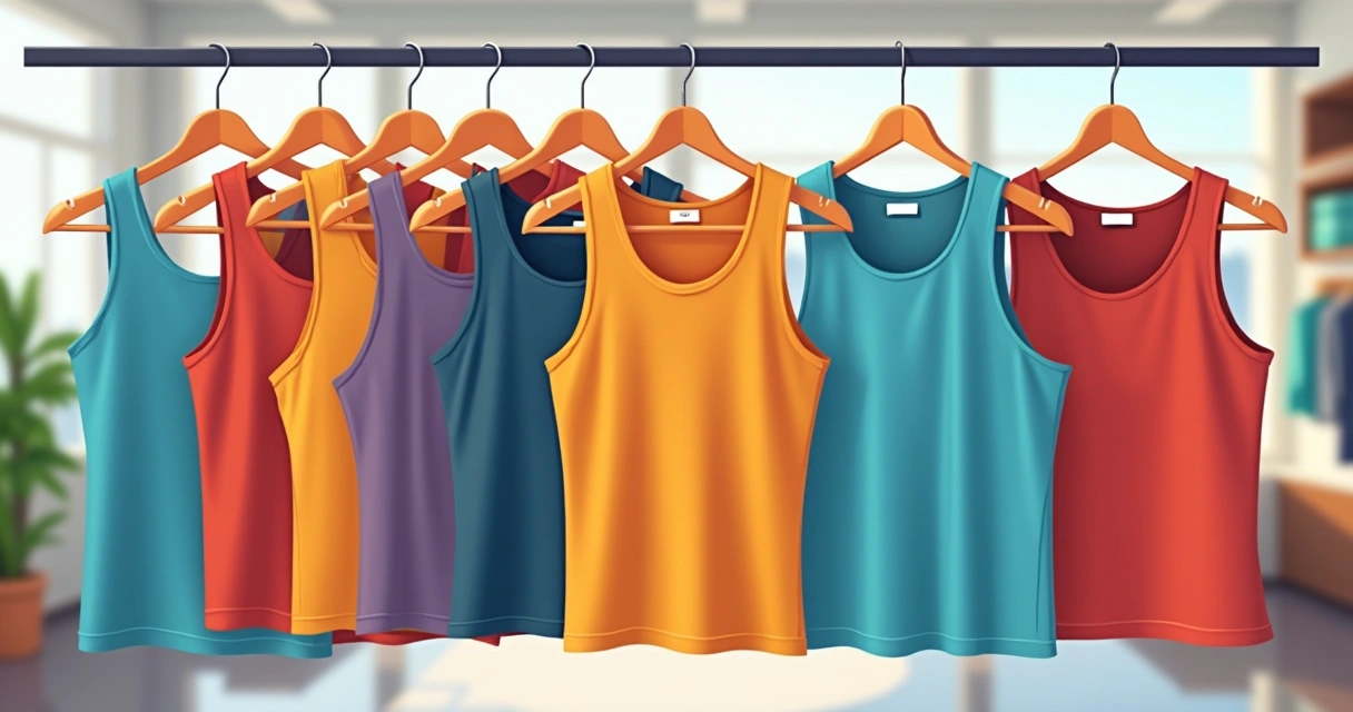 Regatas masculinas coloridas organizadas em cabides, com cortes diferenciados