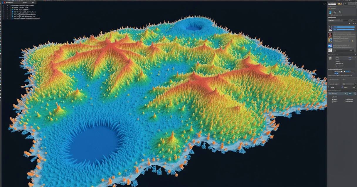 Visualização digital de modelos 3D de terreno com pontos coloridos e mapa vetorial sobrepostos