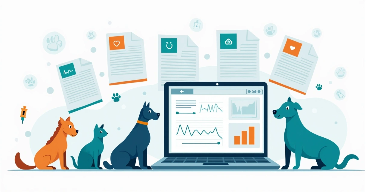Conceito visual de fichas anestésicas veterinárias em PDF com ícones de diferentes espécies animais 