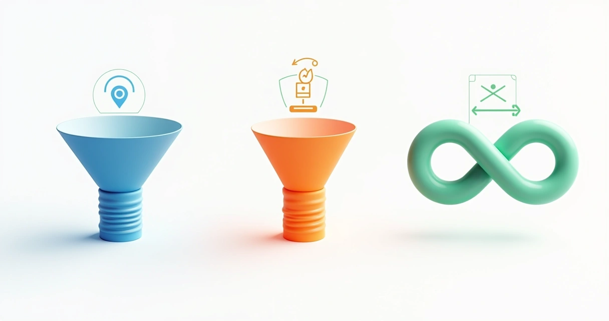 Três diagramas de funil: linear, em Y e loop infinito, com cores diferentes 