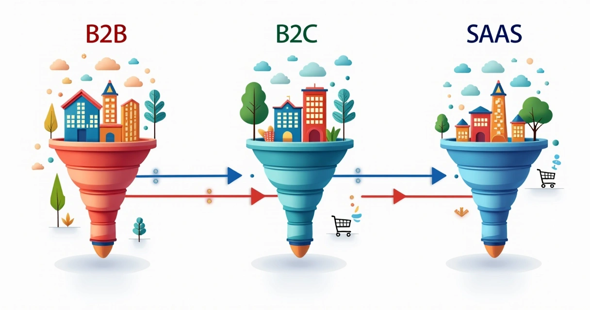 Comparação visual entre os funis B2B, B2C e SaaS, com caminhos diferentes para cada tipo de cliente. 