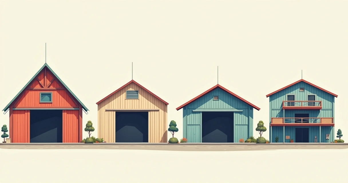 Desenho de diferentes modelos de galpão, como piramidal, arco e shed, em vista lateral 