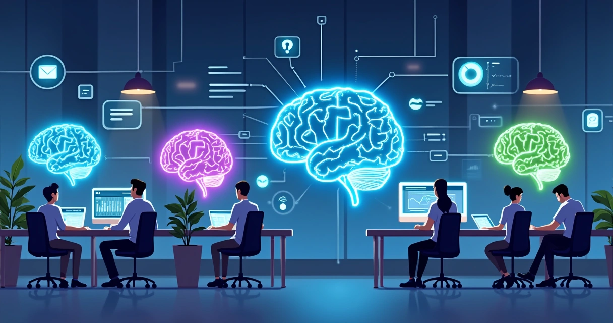 Ilustração corporativa de diferentes modelos de IA interagindo com sistemas e automação empresarial com gráficos e ícones tecnológicos 