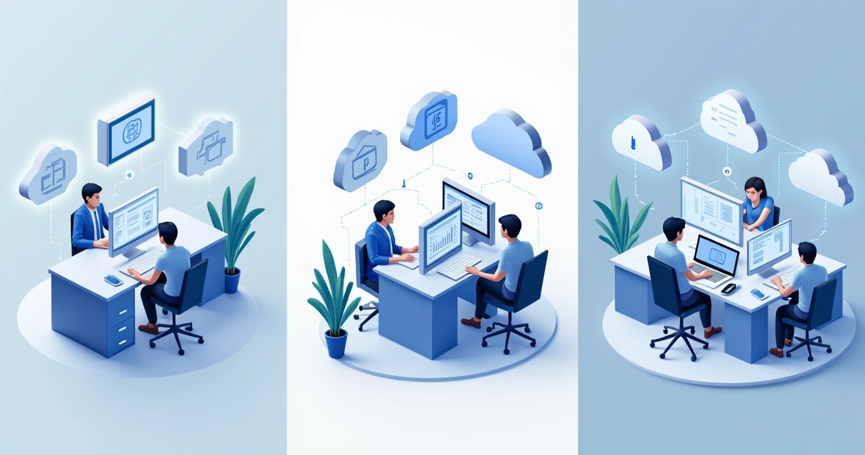 Ilustração de Service Desk centralizado, local e virtual em três quadros lado a lado. 