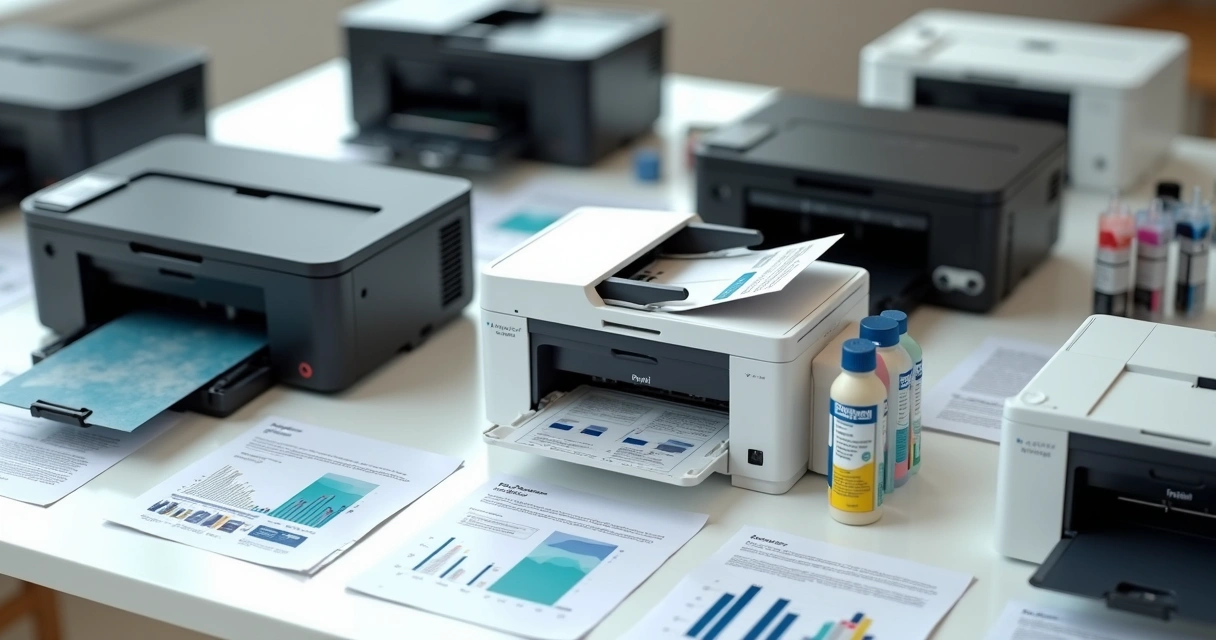 Vários modelos de impressoras diferentes alinhadas sobre mesa branca 