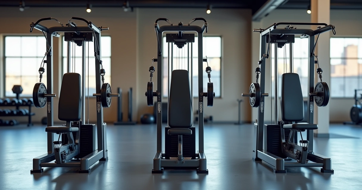 Três modelos diferentes de leg press na academia com equipamentos modernos e iluminação clara 