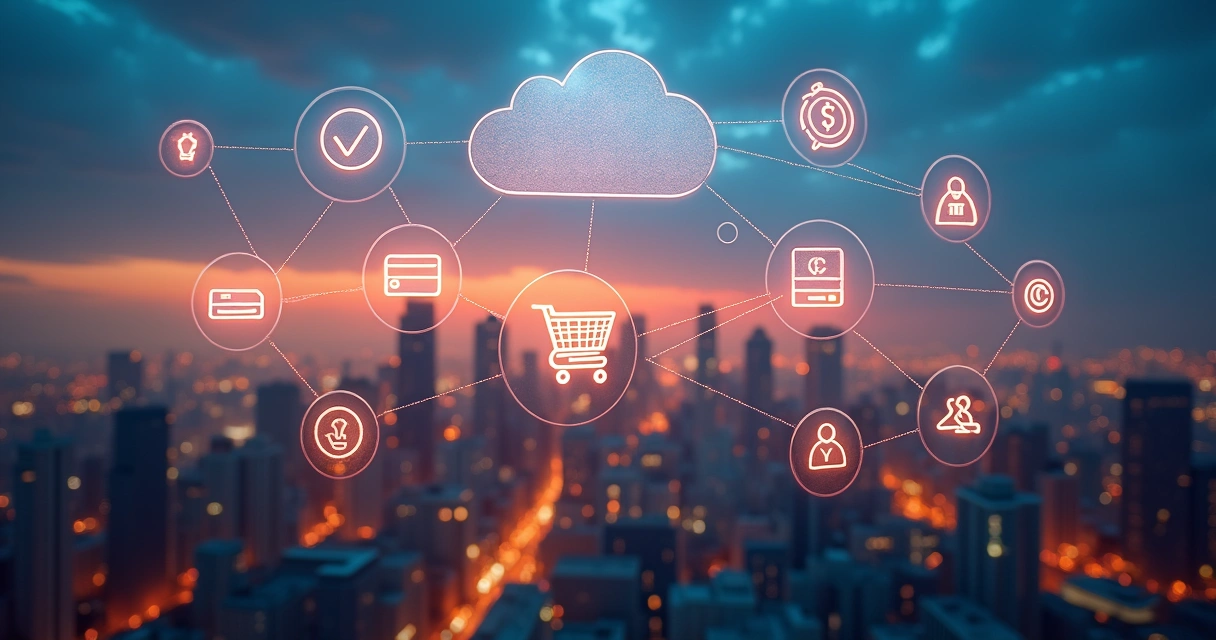 Ilustração de modelos de negócios digitais interligados por ícones tecnológicos 