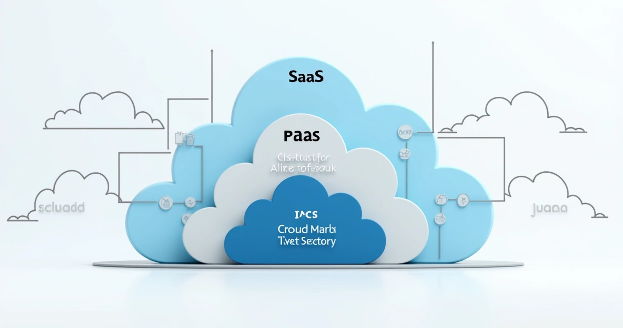 Ilustração mostrando SaaS, PaaS e IaaS em camadas na nuvem 